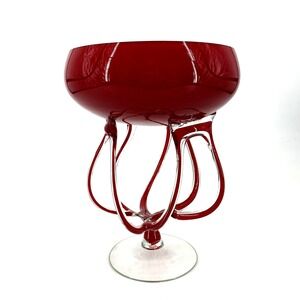 VTG Krosno Handblown Glass Art Red Jellyfish Octopus Pedestal Bowl Vase 10.5"‎